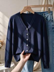 GIGOGOU 大尺碼 1XL-4XL 女款 V 領針織開襟毛衣，休閒長袖上衣，春季/秋季 - 藍色 - 查看 11