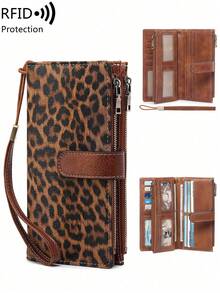 Cartera larga vintage para mujer de triple pliegue y gran capacidad con protección RFID doble cremallera con correa de mano para guardar tarjetas billetes y monedas adecuada para uso diario. - Café integral - Ver 1
