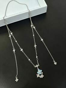 rundraw 1pc Women's Necklace, Silver Metal, Light Blue Four-Leaf Clover Pendant With Long Tassel And CZ Inlay, Delicate And Sweet Necklace, Daily Commute And Holiday Gift - Multicolor - View 4