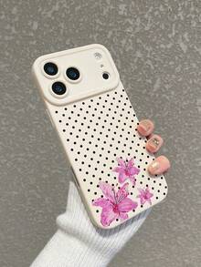 1pc Beige Polka Dot Pink Lily Print Phone Case, Cream Matte Texture Full Lens Protection Anti-Drop TPU Soft Shell, Ins French Gentle Fresh Girly Style Phone Case; Suitable For Valentine's Day, Easter, Mother's Day, Father's Day, Independence Day, Halloween, Thanksgiving, Christmas, New Year, Birthday, Back To School Gifts, Compatible With IPhone Case & Galaxy Case - White - View 2