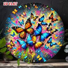 2D Flat Single-Piece Colorful Butterfly With Vibrant Ink Splatter Effect, Modern Art Round Sign With Bold Colors, Perfect For Home, Office, Cafe Decor, Pre-Drilled Holes, Style As Shown In Size Chart - Multicolor - View 3