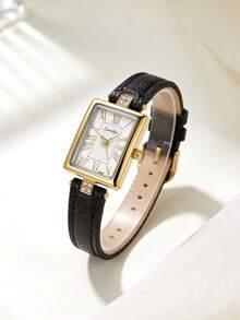 1pc Women's Jewelry Rectangular Retro Quartz Watch, Dark Green Textured Dial With Diamond Studded PU Strap, Light Luxury Commuter Women's Watch - Black - View 4
