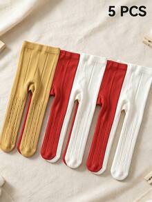 5 Pairs Girls' Candy Color Twisted Cable Knit Vertical Striped Tights, Solid Color Kids' Socks For All Seasons, Double Needle Tights For Girls - Multicolor - View 10