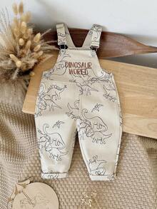 Baby Boy Casual Overalls, Dinosaur World Pattern Embroidered All-Over Print, Adjustable Shoulder Straps Infant Long Pants - Khaki - View 3