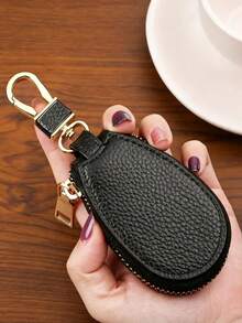 Compact Genuine Leather Key Pouch With Zipper And Hook, Durable And Stylish Leather Car Key Ring Protective Case, 360° Full Protection, With Safety Chain To Prevent Keys From Scratching Phone - Multicolor - View 13