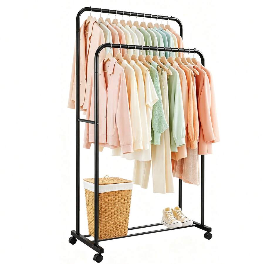 EFAN Mobile Clothes Rack Double Rod Design, Carbon Steel Freestanding Hanger With Wheels And Brakes For Home Bedroom Laundry Storage - Double Bar Clothes Rail With Wheels - View 1