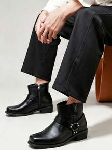 Classic Vintage Square Toe Men's Ankle Boots, Buckle Side Zipper Chunky Heel Boots, Holiday Commute Versatile Slimming Knight Boots - Black - View 2