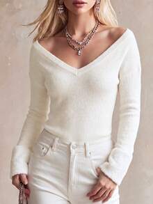 Fall Elegant Casual Ribbed Knit V Neck Long Sleeve Top, Detachable Furry Cuff Slim Fit Basic Shirt, Gentle Soft Daily Layering Blouse - White - View 4