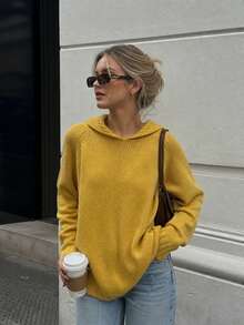 Yellow Loose Knit Pullover Sweater For Women, Autumn/Winter, Slouchy, Soft & Cozy Design Top - Yellow - View 2