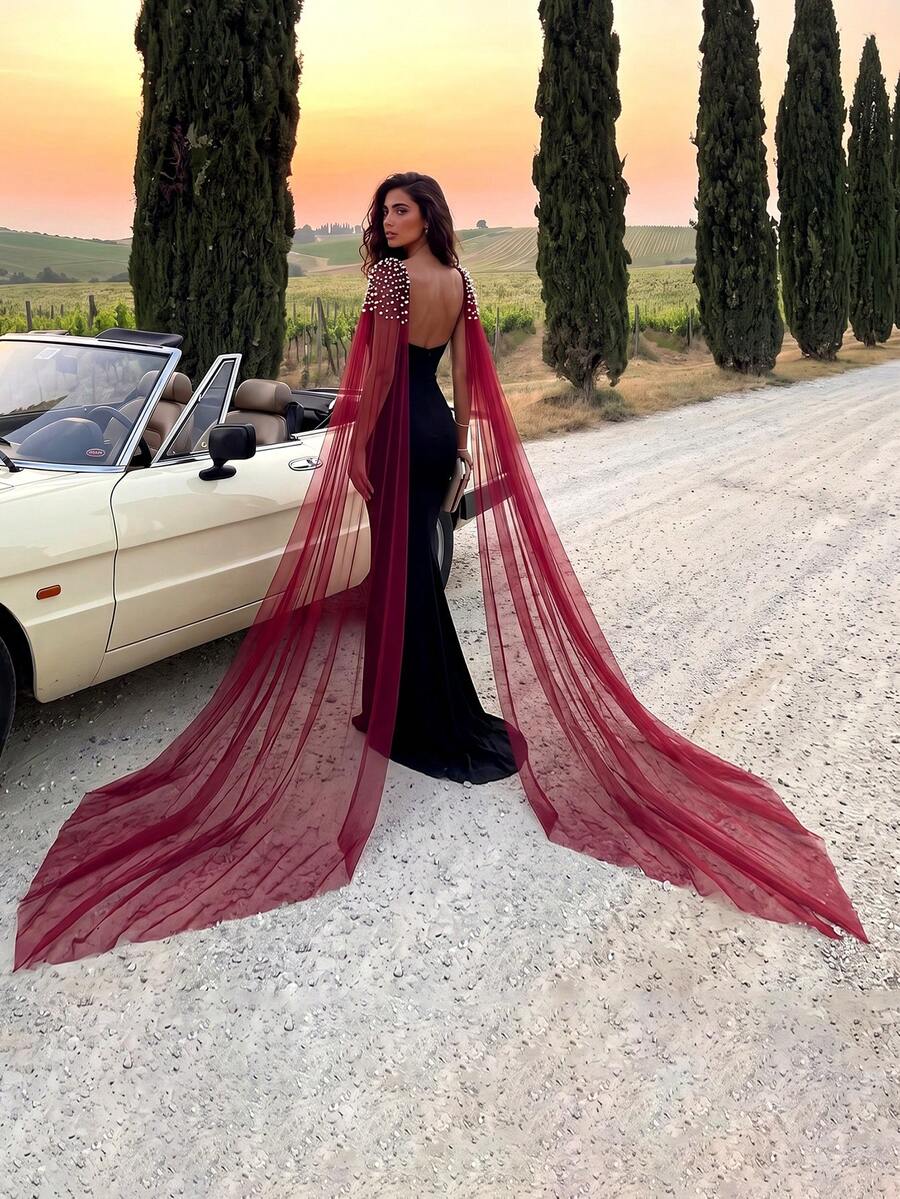2 buah Aksesori Jala untuk Gaun Pesta dengan Hiasan Manik-manik Mutiara Warna Burgundy yang Dapat Dilepas, Cocok untuk Gaun Pesta