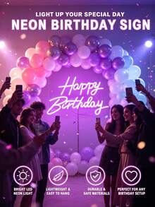 1件 Happy Birthday LED 霓虹燈牌，節日牆面裝飾，居家派對與宿舍牆面裝飾，USB供電，生日派對主題完美選擇 - 生日快樂燈牌 - 查看 1