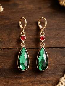 1 Pair Vintage Palace Style Synthetic Emerald Earrings, Gold-Tone Luxury Elegant Exquisite Women's Gift - Yellow Gold - View 5