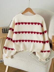 Soft Red & White Heart Jacquard Pullover Knit Sweater, Handmade Bow Tie Loose Lantern Sleeve Faux Cardigan Design Soft Fluffy Sweater Top - Apricot - View 2