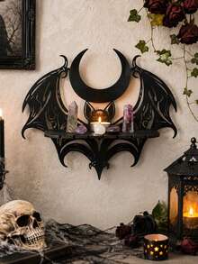 1pc Bohemian Style Bat Wing Shaped Wall Shelf, Crescent Design, Gothic Decor Wall Shelf, Suitable For Home Decor, Witch Theme Crystal Candle Display Rack, Handmade Black Metal And Wooden Wall Decor, Mixed Style Home Decor For Bedroom, Living Room And More - Multicolor - View 12