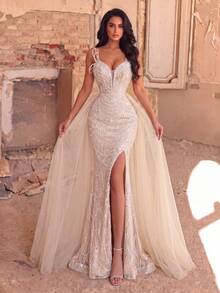 Elegant Women's Sleeveless Spaghetti Strap Maxi Mermaid Sequin Dress With Beaded And Pearl Detailing, Perfect For Formal Events And Prom - Champagne - View 2