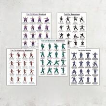 5pcs Tai Chi Exercise Poster Set, 20.32X25.4cm, Balance And Flexibility Workout Charts, Seated Chair Tai Chi And Walking Guide, Home Gym Wall Decor, Tutorial Fitness Art Prints - Multicolor - View 5