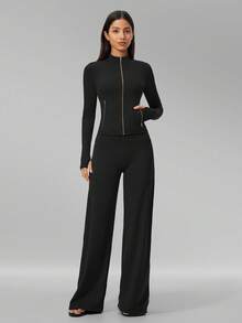 MFVIM Women's Versatile Yoga Set, Soft Skin-Friendly Fitted Jacket + Wide Leg Casual Versatile Pants - Premium Black - View 9