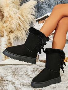 2026 Autumn/Winter New Women's Snow Boots With Back Bow, Plus Size Slip-On Mid-Calf Fashion Bread Boots - Black - View 2
