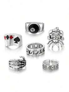 RINTOLER 6pcs Vintage Distressed Gothic Style Spade Heart Poker Card Clown Ring Set, Punk Hip Hop Iron Alloy Closed Ring Set, Non-Adjustable - Multicolor - View 6