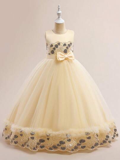 Vestido elegante de fiesta para niñas preadolescentes sin mangas con malla bordada con lentejuelas en forma de corazón, diadema no incluida