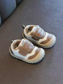 1 Pair Infant/Toddler Contrast Color Patchwork Low-Top Hook & Loop Flat Retro Sneakers, Casual Daily Wear [Select By Actual Inner Length In Cm] - Brown - View 2