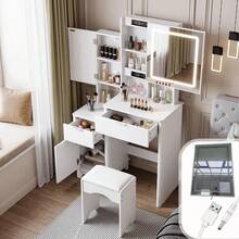 Dressing Table Set With Mirror And Stool, Adjustable LED Light Vanity Table, 3 Drawers Makeup Desk With Sliding Mirror - White - View 1