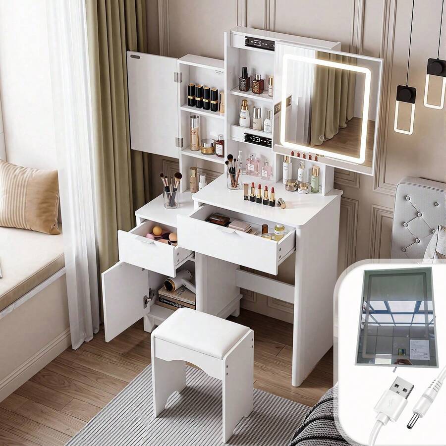 Dressing Table Set With Mirror And Stool, Adjustable LED Light Vanity Table, 3 Drawers Makeup Desk With Sliding Mirror - White - View 1