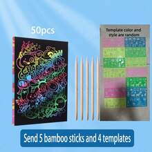 10/50pcs Rainbow Scratch Art Paper Set, Black Colorful Scratch Art Book, Comes With Pattern Templates, Scratch To Reveal Colorful Patterns, Easy To Operate And Fun To Create, Suitable For Drawing Animals, Flowers, Starry Sky, City And More, Smooth Paper Surface And Easy To Scratch, Can Be Used For Leisure Creation, Hand-Drawn Decoration, Desktop Time-Killing, Creative Pattern Practice, Recommended For Back To School Season, School Opening Season, Christmas Gift, Halloween Gift, Thanksgiving Gift - Multicolor - View 8
