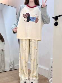2pcs Women's Pajama Set, Pullover Round Neck Puppy Print Cute Childlike Long Sleeve Pants, Comfortable For Home Wear - Multicolor - View 2