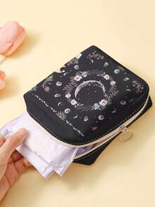1pc Moon & Plant Pattern Sanitary Pad Storage Bag, Coin Purse, Organizer Bag, Makeup Bag, Card Holder, Earphone Storage Pouch, Can Hold Coins, Cards, Accessories, Keys, Multi-Functional Storage Bag - Multicolor - View 2