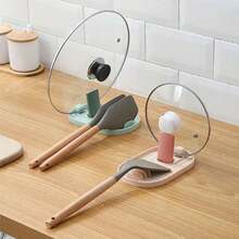 1pc Kitchen Folding Pot Lid & Spatula Storage Rack With Drainer - Pink - View 3