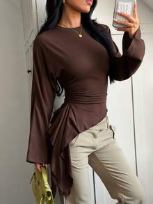 Women's Round Neck Long Sleeve T-Shirt, Asymmetrical Ruffle Side Tie Waist, Slim Fit, Cropped Top - Brown - View 4