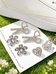 6pcs Versatile ABS Rhinestone Scissor Heart Shoe Charms, DIY Detachable Shoe Decorations, Shoe Accessories Suitable For Sneakers, Sports Shoes, Casual Shoes, Holiday Gifts - Silver - View 2
