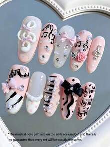 10pcs Cute Music Note Border Romantic Heart Ballet Style Black Ribbon Bow Metal Note Pink Tone Handmade Press-On Nails, Y2K Japanese Acrylic Long Oval Wearable Nail Set - Pink - View 3