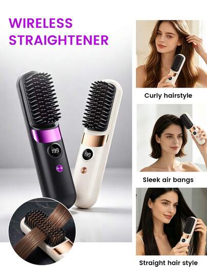 SKYWORTH 2000mAh Wireless Electric Hair Straightener Brush, Travel Size Rechargeable Straightening Comb, Portable Mini Hair Styler For Home & Trip