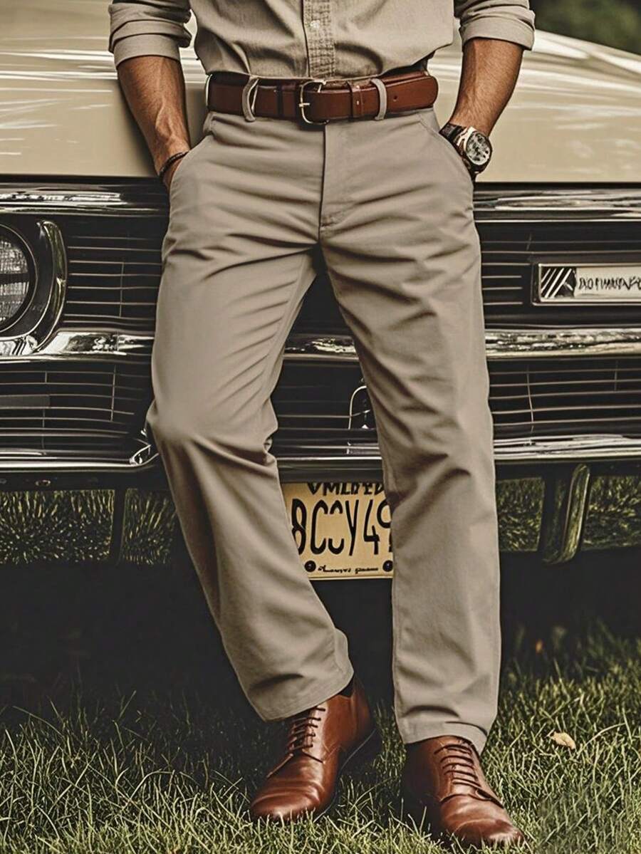 Men's Casual Straight Leg Pants, Loose Fit Wrinkle-Resistant Straight Leg Formal Trousers, Autumn - Apricot - View 1