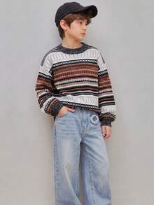 Sweater Leher Bulat Bergaris Blok Warna Vintage untuk Anak Perempuan Remaja - MultiWarna - View 5