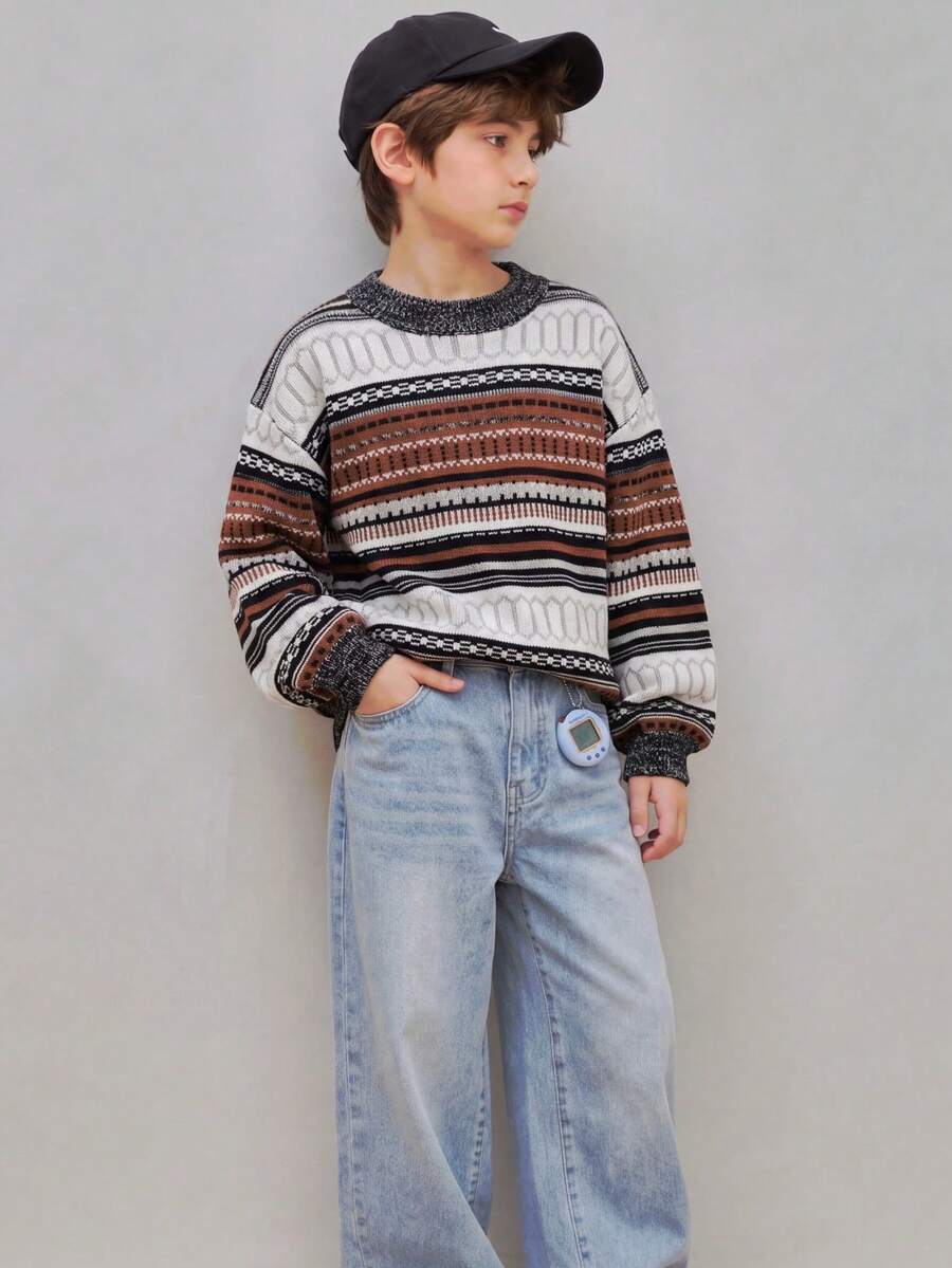 Tween Girls' Vintage Colorblock Striped Crew Neck Sweater - Multicolor - View 1