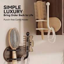 Drill-Free Wall Mount Hair Tool Organizer, Wooden Bathroom Storage Rack For Brushes, Claw Clips & Hair Ties, No-Drill Space Saver - View 4
