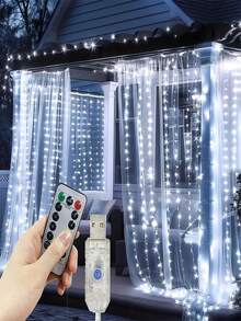 1pc Copper Wire Curtain Lights, 300 LED Fairy Curtain Lights, 8 Lighting Modes, With Remote Control, Suitable For Halloween/Christmas Decoration, Wedding Decoration, Party Decoration, Room Decoration And Home Decoration - Curtain String Lights - View 9