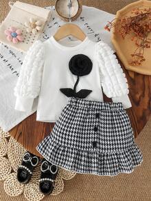 2pcs Baby Girl Spring/Autumn Set.3D Black Floral Puff Sleeve Top & Houndstooth Mermaid Skirt Thin - Black and White - View 3