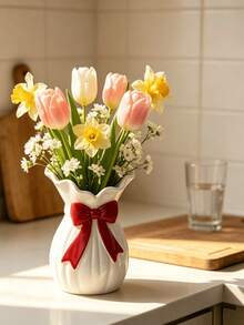 1pc Elegant White Vase With Pink Bow, Wavy Edge Design, Suitable For Fresh Flowers/Dried Flowers, Home Decor, Tabletop Centerpiece, Spring/Summer Aesthetic, Gift For Her, Wedding Table, Bohemian Fashion Style - Multicolor 1 - View 10