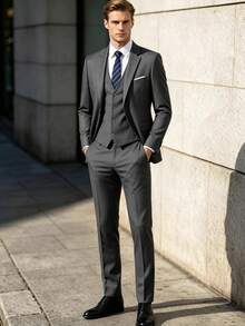 Men's 3-Piece Slim Fit Formal Suit Set, Single-Breasted 2-Button Blazer, V-Neck Vest, Dress Pants, Spring/Summer Business Wedding Suit - Dark Grey - View 2