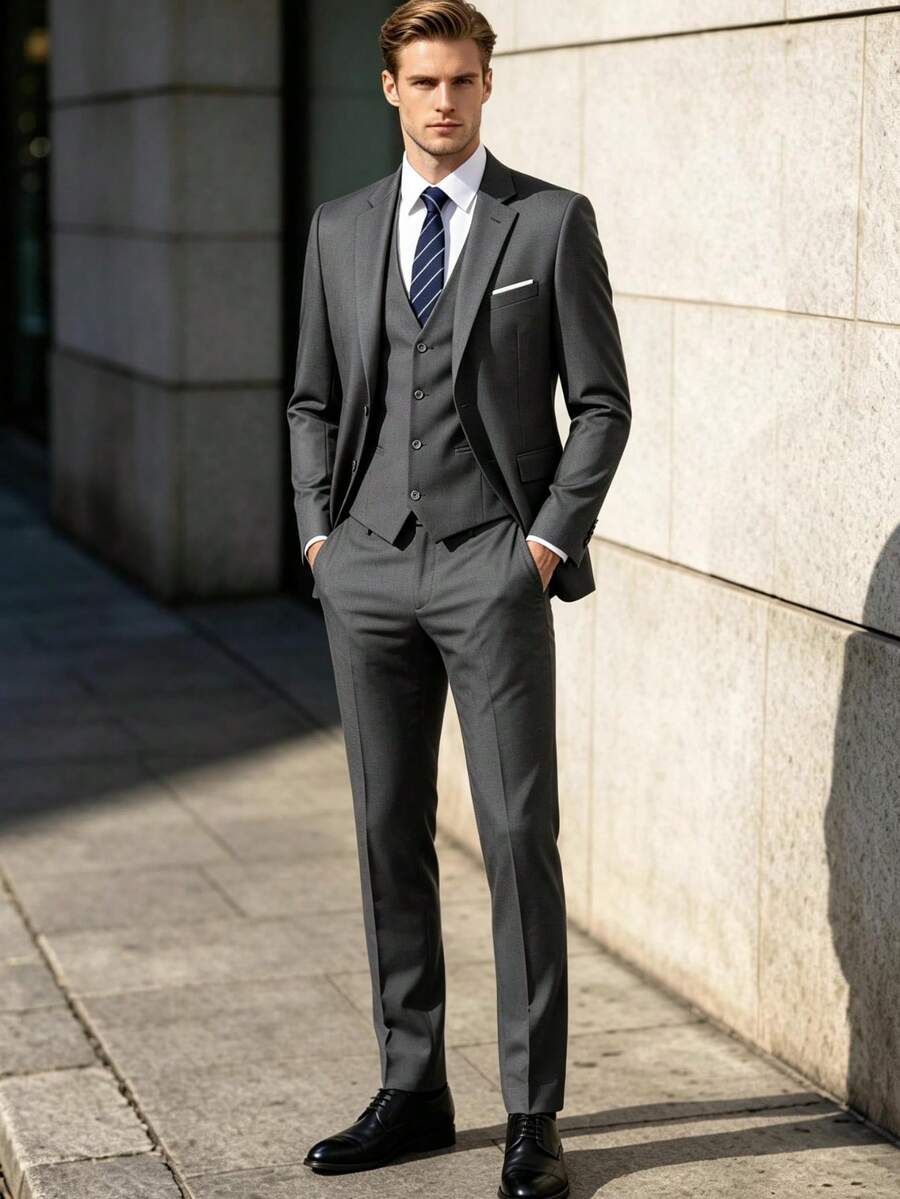 Men's 3-Piece Slim Fit Formal Suit Set, Single-Breasted 2-Button Blazer, V-Neck Vest, Dress Pants, Spring/Summer Business Wedding Suit
