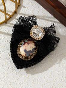 1pc Shield-Shaped Lace Bow Portrait Print Rhinestone & Faux Pearl Brooch, French Vintage Style, Suitable For Shacket, Dress Accessory - Classic - View 19