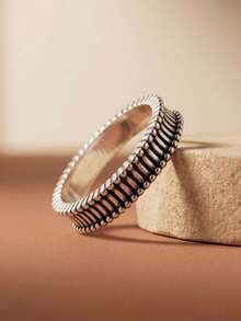 1pc Vintage Vertical Striped Beaded Silver Ring, Unisex Jewelry, Suitable For Daily Wear And Gift - Silver - View 1