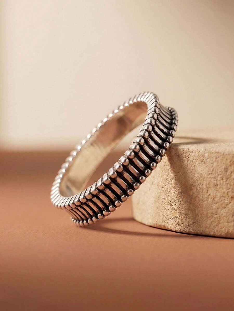 1pc Vintage Vertical Striped Beaded Silver Ring, Unisex Jewelry, Suitable For Daily Wear And Gift - Silver - View 1