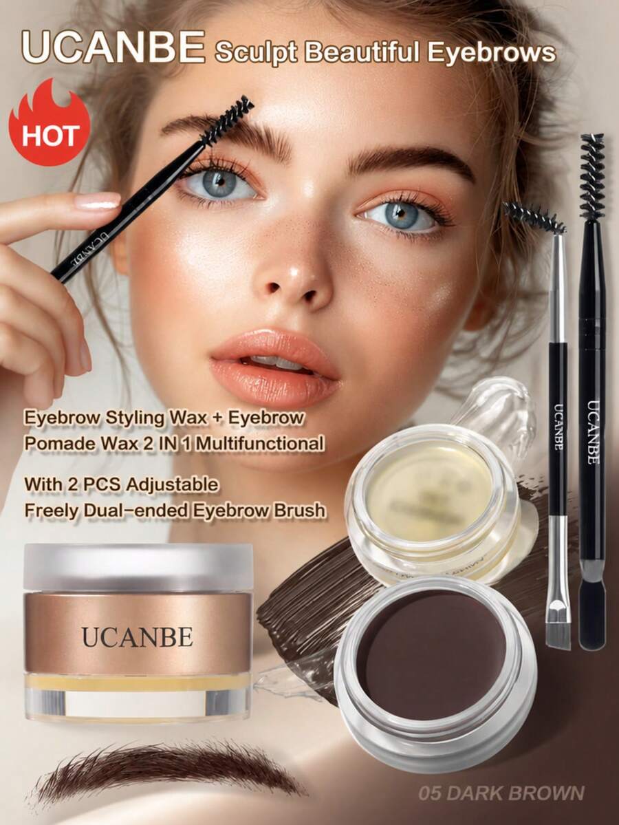 UCANBE Waterproof Eyebrow Gel + Eyebrow Styling Wax 2 In 1 Makeup Kit With 2 Pcs Dual-Ended Adjustable Freely Eyebrow Brush Makeup Long Lasting Eyebrows - 05 Dark Brown - View 1