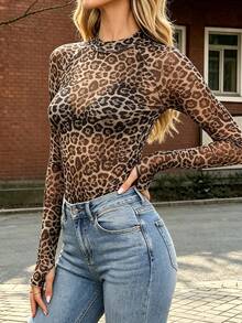 Sexy Leopard Print Tops, Fall Halloween Casual Wear Autumn Leopard Print Stand Collar Mesh Top - Bronze - View 4