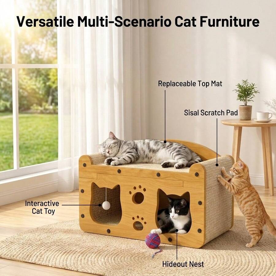 Cardboard Cat Scratcher House 2-In-1 With Interactive Ball, Durable Cat Lounge Rest Bed, Grinding Toy For Kittens & Adult Cats, Indoor Multi-Functional Cat Furniture